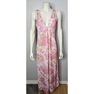 VTG 1970s Groovy Floral Pink Nightgown Sexy Low Cut